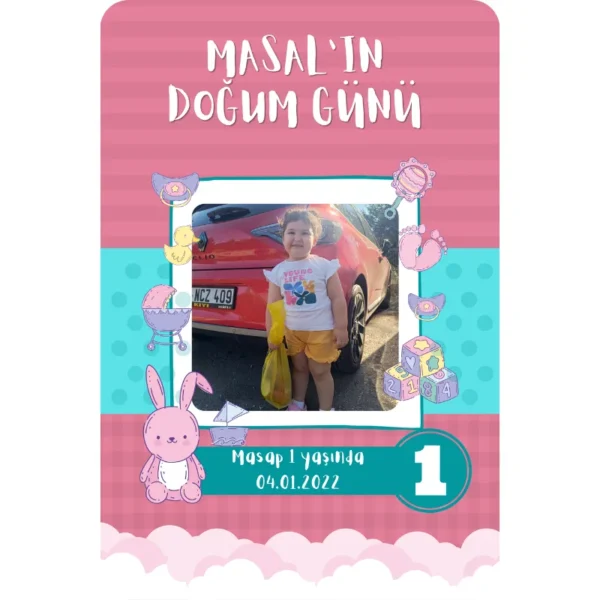 Pembe Tavşan Temalı Doğum Günü Magnet 6x9cm